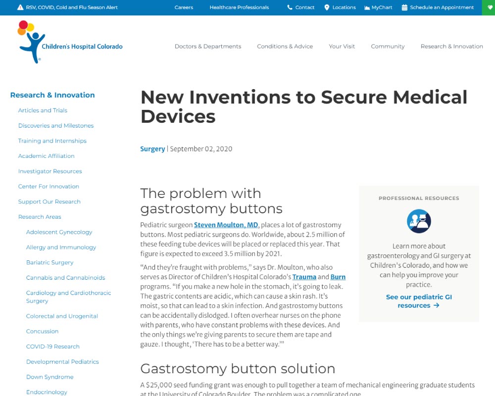 Children's Hospital Colorado Article - New Inventions to Secure Medical Devices